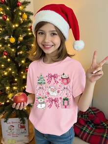 1pc Merry Christmas Girls Casual Cute Bow, Christmas Tree, Santa Claus Gift Print Round Neck Short Sleeve T-Shirt, Christmas Party Top