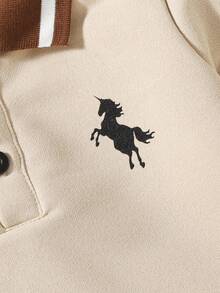 SHEIN Camisa polo de manga larga con estampado de unicornio y caballo, de bloques de color y parches, informal y colegial, para niños pequeños, otoño/invierno