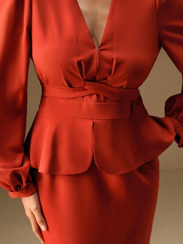 Elegant Deep V Neck Puff Sleeve Twist Waist Flare Hem Blouse