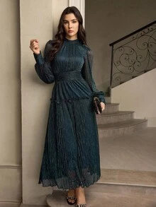 ZEYLAH 女式立领长袖亮面褶腰A字连衣裙，优雅秋冬装 - 藍色 - 查看 5