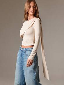 AiiRZ 披肩垂坠长袖上衣 不对称分层设计 圆领 秋冬时尚宣言 - 杏色 - 查看 4