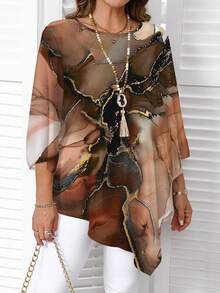 EMERY ROSE Casual Ink Marble Texture Pattern Round Neck Long Sleeve Plus Size Shirt, Suitable For Fall And Winter - Brown - View 5