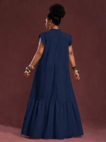 Veslaya Đầm maxi dáng rộng, màu kaki trơn, chất liệu vải dệt họa tiết, không tay, viền bèo nhún, cổ đứng, cỡ lớn, hàng mới về mùa Xuân/Hè, thích hợp cho kỳ nghỉ, thanh lịch và thường ngày. - Màu xanh hải quân - Xem 9