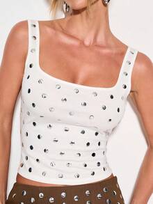 KIZN Studded White Tank Top Women Sleeveless Square Neck Crop Fitted Summer Casual Club Party Eyelet Fashion Top With Metallic Grommets Polka Dot Pattern - White - View 6