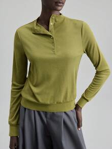 Ontre 2025 Vintergrön pullovertopp med delvis slå om framtill och enkelknäppt skalknappar, elegant och stilig för fest och pendling i stan. - Grön - Visa 4