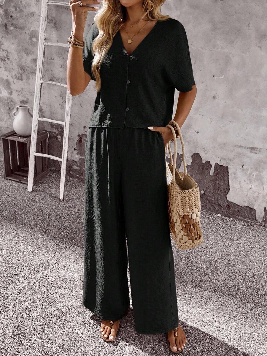 EMERY ROSE 女士纯色 V 领短袖上衣和宽松直筒裤 2 件套 - 黑色 - 查看 1