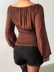 Aloruh Blouse de bureau en mousseline de soie plissée et bicolore avec nœud, couleur café - Marron - Voir 2