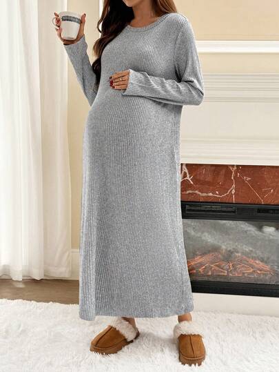 SHEIN 孕妇纯色圆领长袖罗纹休闲宽松T恤连衣裙