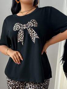 SHEIN ZzzCrew Fashionable Leopard Print Bow Decor Round Neck Short Sleeve Casual Loose Fit Sleepwear Top, Plus Size