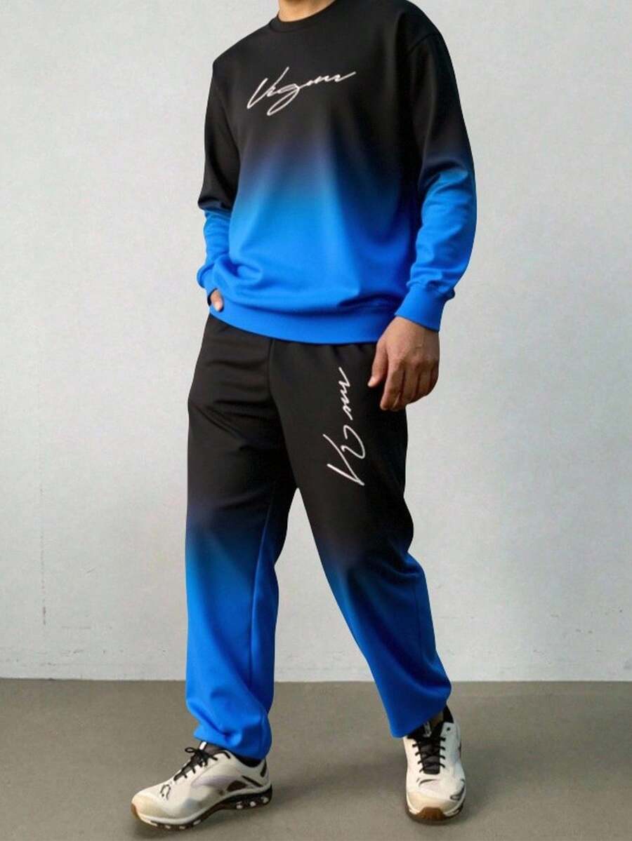 SHEIN 青少年男孩休闲街头口号渐变印花舒适圆领运动衫和运动裤套装,适合通勤、上学、日常休闲、旅行、运动、派对、秋冬 - 彩色 - 查看 1