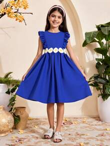 女孩貼花荷葉邊A字連衣裙