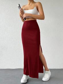 EURMUSE Falda tubo con detalle de abertura de unicolor para mujer - Burdeos - Ver 5