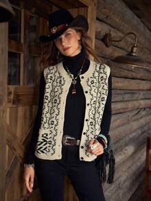 LanaWest Áo khoác cardigan dáng rộng, họa tiết chắp vá, có túi cài nút phía trước, phong cách du lịch thường ngày dành cho nữ, mùa thu/đông - Màu be - Xem 5