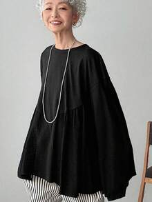 FRIFUL Áo thun nữ tay dài cổ tròn trễ vai màu đen trơn xếp ly dáng rộng thoải mái, phù hợp cho các buổi đi chơi, mùa thu - màu đen - Xem 1