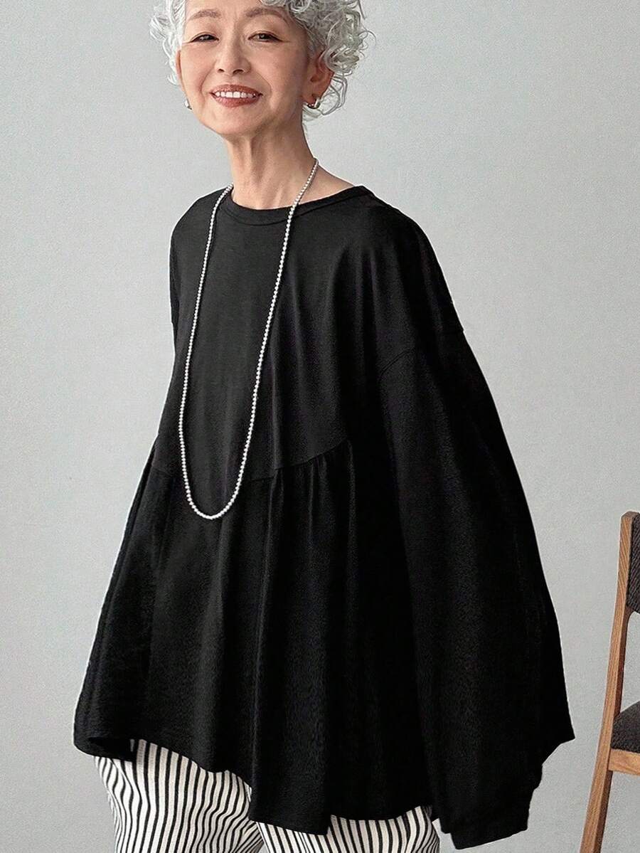 FRIFUL Áo thun nữ tay dài cổ tròn trễ vai màu đen trơn xếp ly dáng rộng thoải mái, phù hợp cho các buổi đi chơi, mùa thu - màu đen - Xem 1