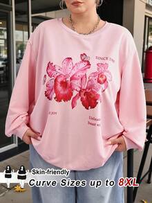 SHEIN CURVE+ Áo nỉ cổ tròn rộng rãi họa tiết hoa tối giản giản dị cỡ lớn, mùa thu/đông Thu/Đông - Hồng - Xem 2