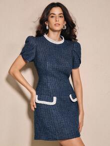 Anewsta New Autumn/Winter Fitted Round Neck Beaded Short Dress, Suitable For Spring, Summer, Going Out, Elegant, Formal, Party, Chic, New Year, Christmas, Graduation