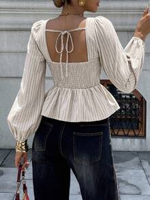 Pariaura Camisa de mujer con cuello cuadrado, mangas abullonadas y rayas, estilo francés - Caqui - Ver 3