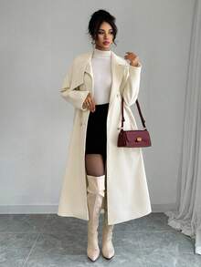 Elenzga 女士时尚百搭纯色双排扣大衣，秋冬 - 杏色 - 查看 3