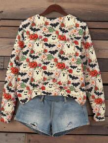 Halloween Women Pumpkin & Bat Graphic Crew Neck Casual Sweater, Suitable For Holiday And Everyday Wear - Multicolor - View 2