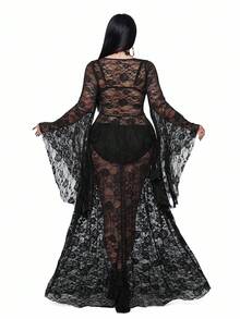 Whyspr 大码连衣裙大码秋冬女装甜心领方领泡泡袖短袖透视性感玫瑰蕾丝紧身A字拼接长裙哥特连衣裙万圣节哥特朋克 - 黑色 - 查看 6