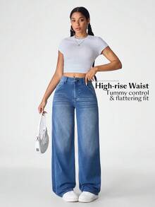 Flexra جينز كاجوال بجيوب وقصة مستقيمة فضفاضة للنساء - أزرق متوسط - مشاهدة 3