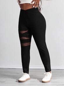 SHEIN PETITE CURVE Quần legging màu trơn cơ bản hàng ngày cỡ lớn dành cho nữ Quần legging màu đen dành cho nữ Quần legging bó cho nữ Quần legging bó - màu đen - Xem 3
