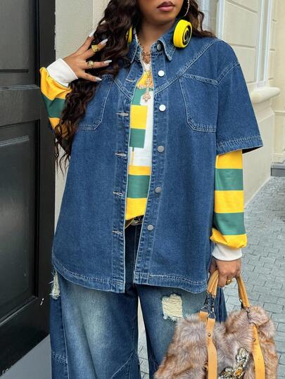 Jeanoix 大码时尚休闲清爽宽松牛仔短袖衬衫