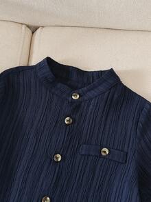 Sparklyn 男童纯色单排扣宽松休闲衬衫，短袖夏季休闲时尚韩版蓝色衬衫 - 藏蓝色 - 查看 3