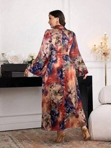 Modelyn 大码女式花卉印花褶饰设计3D花朵装饰长袖优雅连衣裙 - 棕色 - 查看 2