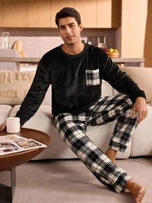 Manfinity Underwear&Sleepwear Basics Plaid Long Sleeve Top And Pants Fleece Fluffy Pajama Set For Men, Fall Winter Clothes, Cozy - Black - View 1