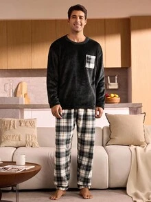 Manfinity Underwear&Sleepwear Basics Plaid Long Sleeve Top And Pants Fleece Fluffy Pajama Set For Men, Fall Winter Clothes, Cozy - Black - View 3