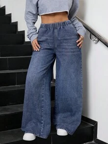 SHEIN Jeans azules de pierna recta y holgados para adolescentes - Azul lavado oscuro - Ver 6