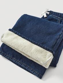 SHEIN 少女秋冬时尚复古做旧基础款简约休闲柔软保暖蓝色牛仔保暖内衬抽绳宽松阔腿牛仔裤，适合秋冬季日常穿着，返校季和圣诞节，街头风，阔腿牛仔裤，Y2K风格 - 深色水洗藍 - 查看 8