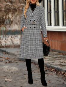 EMERY ROSE 女式千鸟格不对称领长袖双排扣口袋休闲羊毛混纺秋冬夹克 - 黑與白 - 查看 3