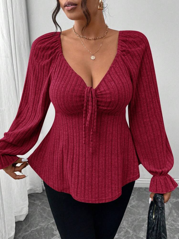 SHEIN Frenchy Plus Size Autumn Casual Long-Sleeved Women's Clothing, Tie On The Chest, Soft And Comfortable Fabric, Beautiful T-Shirt For Home And Outing ,Solid Color Heart-Shaped Collar Ruffle Hem Long Sleeve T-Shirt - Burgundy - View 1