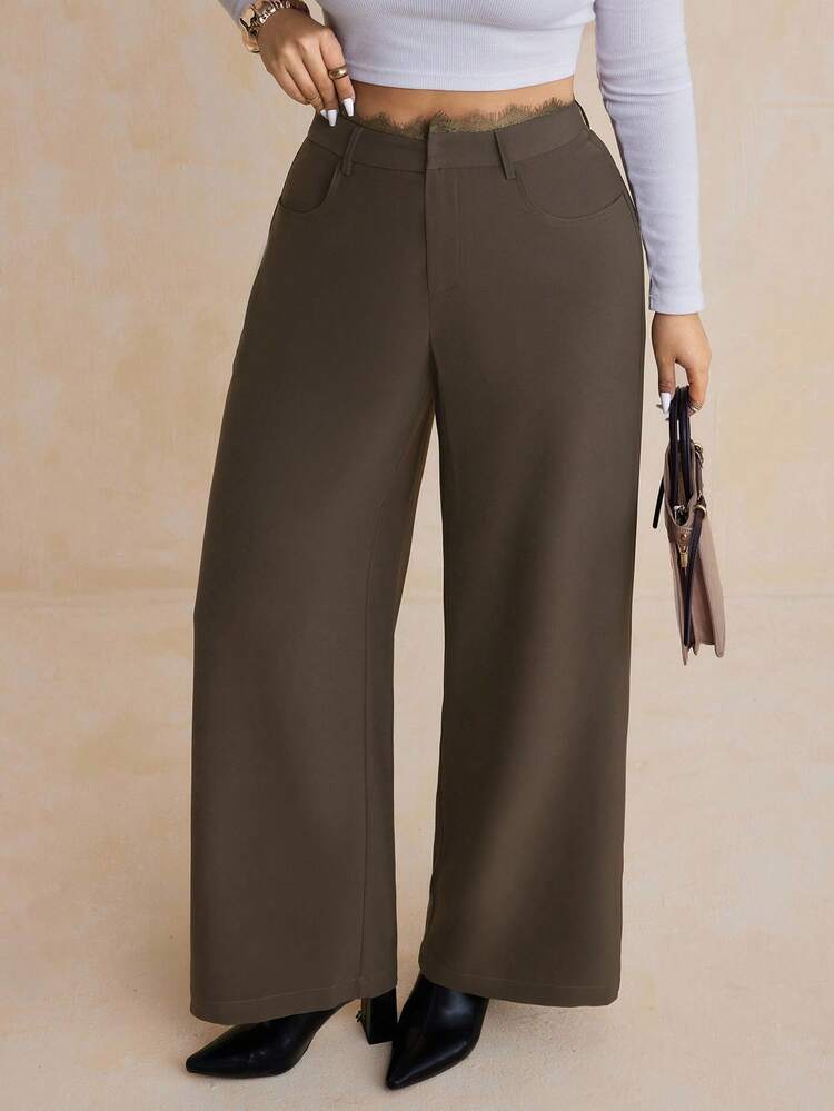 Dazy Plus Plus Size Women's Casual Loose Straight Leg Pants With Lace Waistband, All Season Women Dress Pants Fall
