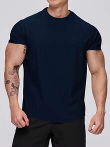 Manfinity Sport PWRUP 男士运动短袖运动 T 恤 - 训练、健身和锻炼，休闲压缩吸湿排汗，速干宝蓝色常规版型面料圆领高弹力 - 男友风格男士夏季纯色圆领插肩袖短袖运动 T 恤健身上衣健身房上衣透气