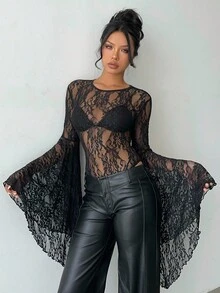 Aloruh 万圣节蝙蝠袖黑色蕾丝连体衣，女士优雅性感夜店连体衣，Y2K风格，时尚女士连体衣，万圣节服装，万圣节服饰，女士秋季穿搭，哥特风服饰，哥特风，休闲风，乡村音乐会服装，派对，夜店音乐节 - 黑色 - 查看 9