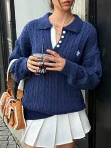 Jouncy Women's Casual Loose Fit Pentagram Pattern Polo Collar Long Sleeve Sweater, Autumn - Royal Blue - View 5
