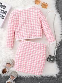 SHEIN 2pcs/Set Girls Knitted Plaid Contrast Color Cardigan And Knitted Skirt, Great For Casual & Daily Wear & School Daily In Autumn & Winter, For Christmas, Girls Winter Clothes, Christmas Clothes, Party Wear, Daily Wear School Daily, Birthday Clothes, Princess Clothes Fall - Pink - View 7