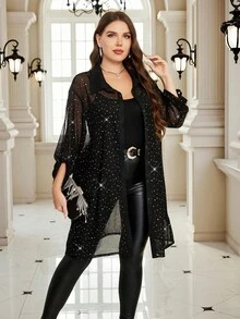 SHEIN Clasi Áo cánh lưới mỏng sequin gợi cảm và thanh lịch cỡ lớn cho tiệc tùng, hộp đêm - màu đen - Xem 6