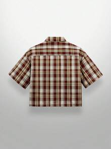 NEON BLANC Camisa de manga corta con estampado de cuadros, tela tejida y aplicaciones de cristales en forma de telaraña de araña, estilo de moda callejera para hombre, Halloween - Café integral - Ver 2