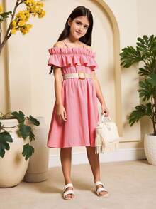 Cô gái Tween Vai lạnh Viền Ruffle Váy có thắt lưng - Hồng - Xem 5