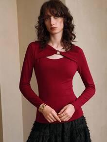 Revavyn Revavyn Women's Elegant Burgundy Autumn Knitted Top,Slim One-Shoulder Ring Buckle Decoration Brushed Bottoming Shirt,Daily Commuting Night Out Tops - Red - View 1