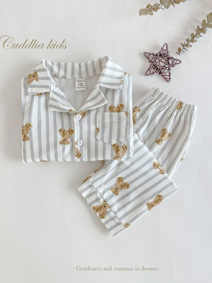 2pcs Baby Boy Cute Bear Print Grey & White Striped Long Sleeve Top And Pants Elegant Comfortable Pajama Set Bear Pajama Set Kids Pajama Set Baby Boy Pajama Set Toddler Pajama Set Fall Winter Cute Bear Pajama Set Striped Bear Print Pajamas Baby Boy Sleepwear Striped Sleepwear Set Cute Bear Print Pajamas