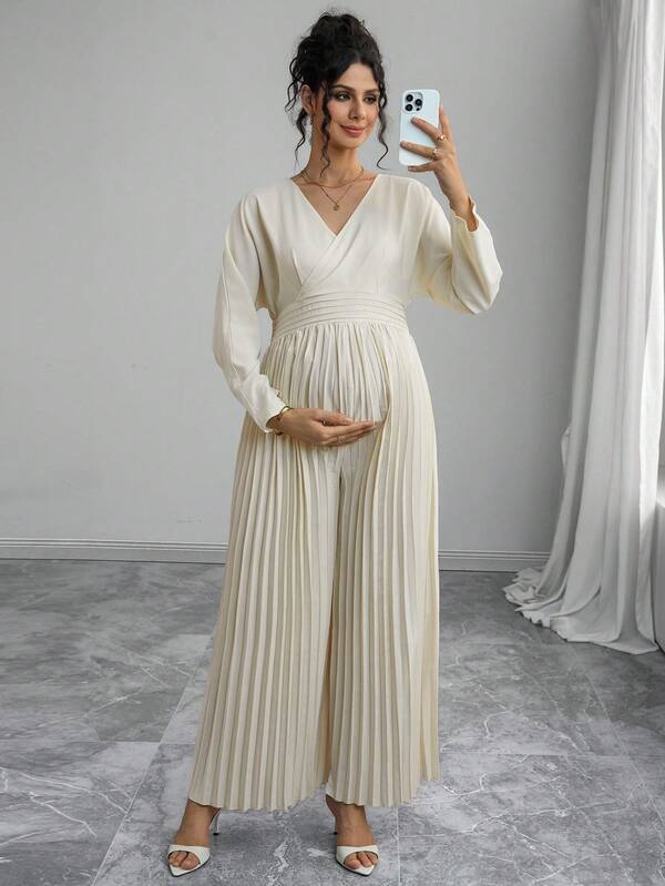 Momance Mono de maternidad con mangas largas, cuello en V, lazo en la espalda, pierna plisada, pantalones de maternidad de corte holgado