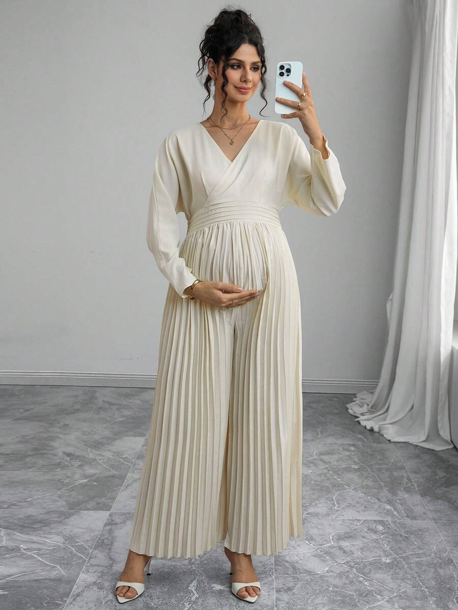 Momance 孕妇连体裤，长袖，V 领，蝴蝶结系带，褶裥裤腿，宽松孕妇裤 - 杏色 - 查看 1