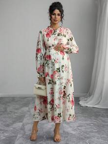 Momance Maternity Floral Print Long Sleeve Ruffle Collar Dress - Multicolor - View 3