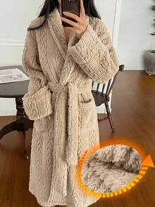 DAZY 女士简约纹理抓绒长袍，家居服，秋冬蓬松睡衣，舒适套装 - 卡其色 - 查看 3